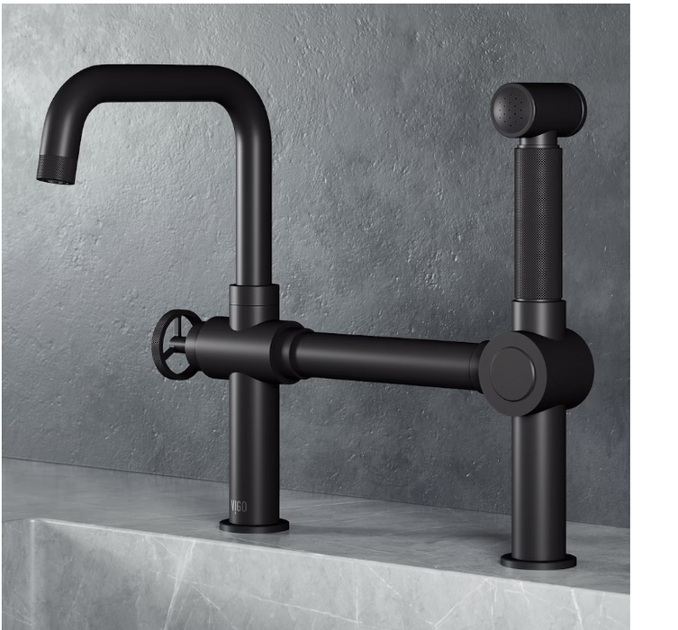 VIGO Cass 13 in. Single-Handle High-Arc Widespread Bridge Kitchen Faucet with Pull-Out Sprayer in MB