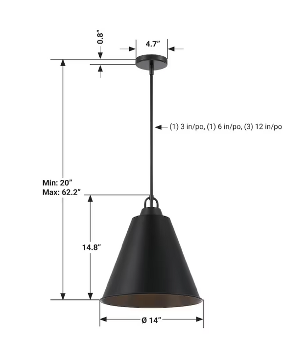 GlucksteinElements Allegra 3-Light 17-inch H Black Finish with Black Metal Shade Classic Style Drum Hanging Pendant