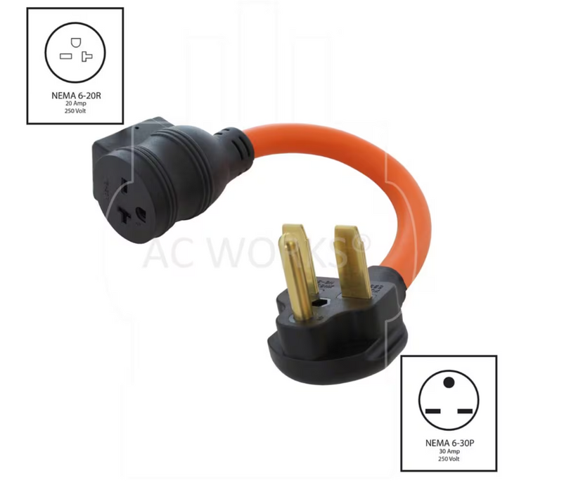 AC WORKS® 1FT 30A 3-Prong 6-30P Commercial HVAC Plug - 6-15/20 Outlet with 20A Breaker