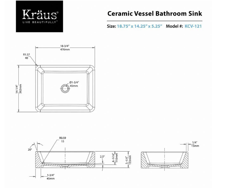 Kraus 19.20-inch x 5.28-inch x 15.20-inch Rectangular Ceramic Bathroom Sink(NEW)