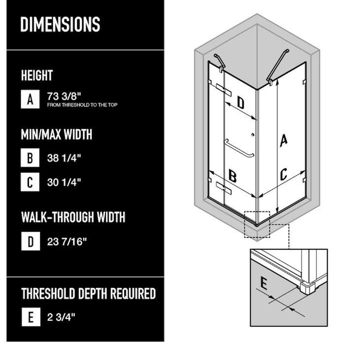 VIGO Monteray 30L x 38W x 73H in. Frameless Hinged Rectangle Corner Shower Kit in Chrome
