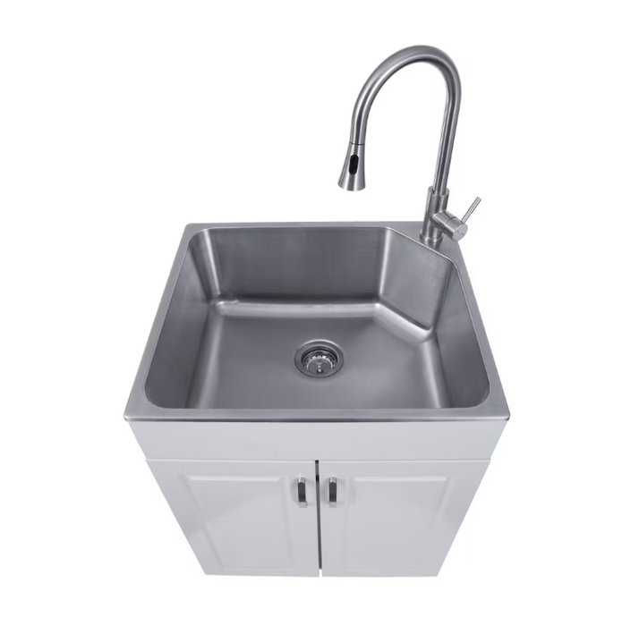 Presenza W24.1 in. X D21.3 in. X H33.8 in. Large Stainless Steel Utility Sink with Pull-down Faucet and Storage Cabinet in Light Gray (NEW)