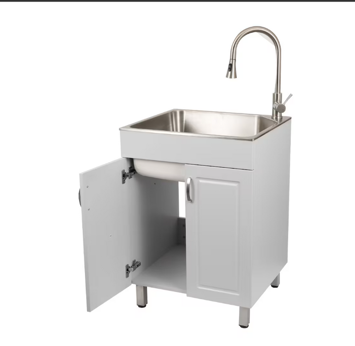 Presenza W24.1 in. X D21.3 in. X H33.8 in. Large Stainless Steel Utility Sink with Pull-down Faucet and Storage Cabinet in Light Gray (NEW)