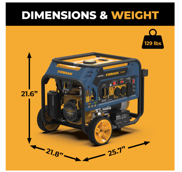 FIRMAN Tri Fuel Portable Generator 5000/4000W Electric Start Gas, Wheel Kit CO Alert 50 ST CAN (NEW)