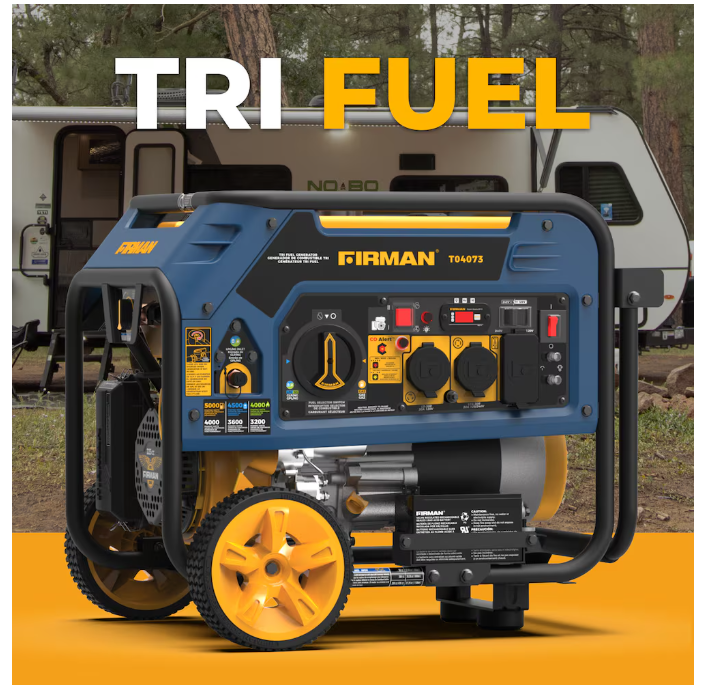 FIRMAN Tri Fuel Portable Generator 5000/4000W Electric Start Gas, Wheel Kit CO Alert 50 ST CAN (NEW)