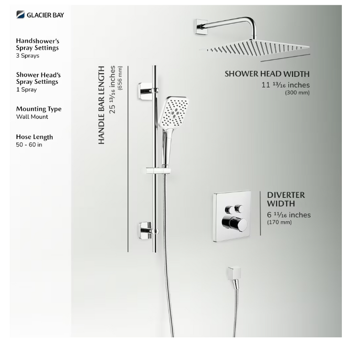 Glacier Bay Roan 12 in. Square 1-Function & 4 in. 3-Function Raincan Shower System with Slide Bar Kit in Chrome, Valve Included