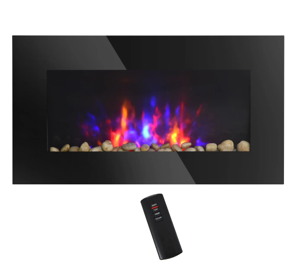 HOMCOM 28.5 Inch Modern Electric Fireplace, Wall Mounted Fireplace with Patented LED Flame Effect and 7 Colors, Black