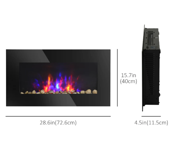 HOMCOM 28.5 Inch Modern Electric Fireplace, Wall Mounted Fireplace with Patented LED Flame Effect and 7 Colors, Black