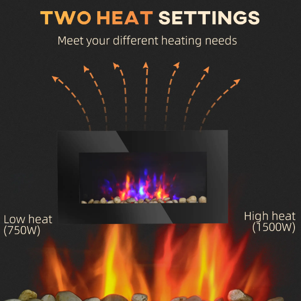 HOMCOM 28.5 Inch Modern Electric Fireplace, Wall Mounted Fireplace with Patented LED Flame Effect and 7 Colors, Black