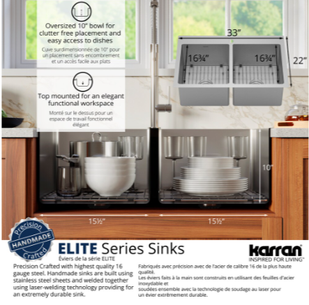 Karran 33" Top Mount Double Equal Bowl Stainless Steel Kitchen Sink Kit (new)