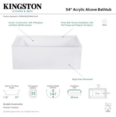 Aqua Eden 54'' x 30'' Alcove Soaking Acrylic Bathtub, Right Drain VTAP543022R (new)
