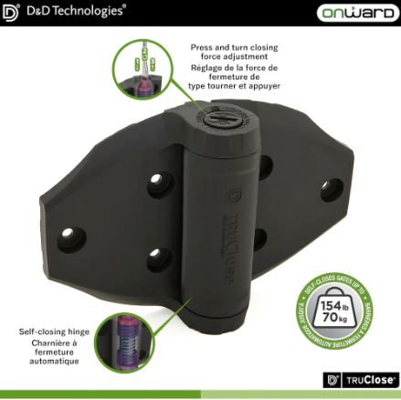 Onward (2-Pack) 6 15/16-inch (176 mm) Polymer Self-Closing Pool Gate Hinge, Wood/Vinyl Gates, 154 lb. Load Capacity, Black