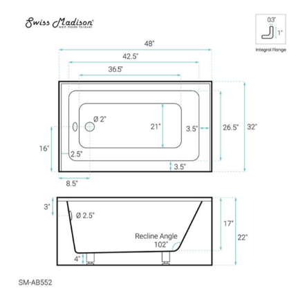 Swiss Madison Lausanne 48 W x 32-in L Glossy White Acrylic Alcove Skirted Left Drain Bathtub