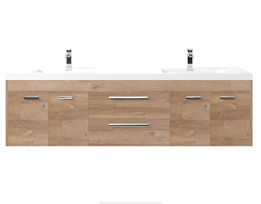 Eviva Lugano 72 in. Natural Oak Wall Mount Double Sink Bath Vanity with Acrylic Top and Integrated Sinks