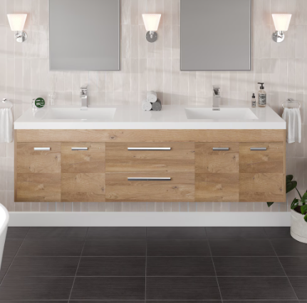 Eviva Lugano 72 in. Natural Oak Wall Mount Double Sink Bath Vanity with Acrylic Top and Integrated Sinks