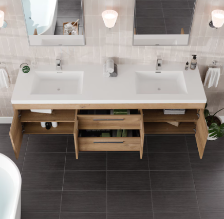 Eviva Lugano 72 in. Natural Oak Wall Mount Double Sink Bath Vanity with Acrylic Top and Integrated Sinks