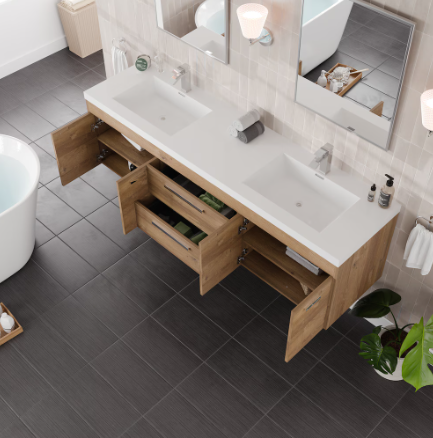 Eviva Lugano 72 in. Natural Oak Wall Mount Double Sink Bath Vanity with Acrylic Top and Integrated Sinks