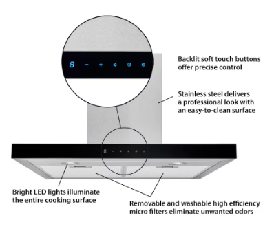 Broan-NuTone 30-inch T-Style Chimney Wall Mount Range Hood 450 MAX Blower CFM Stainless Steel & Black Glass