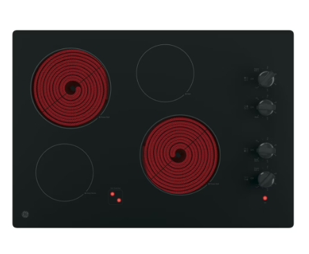 GE Built In Knob Control Electric Smoothtop Radiant Cooktop with 4 elements and Power boil in Black