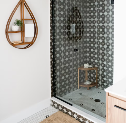 Metro White Penny Tile (Black Flower)