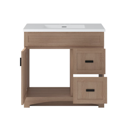 Rocara 37-inch W Light Wood Oak Bathroom Vanity Combo with White Rectangular Single Sink Centre Engineered Stone Top (New)