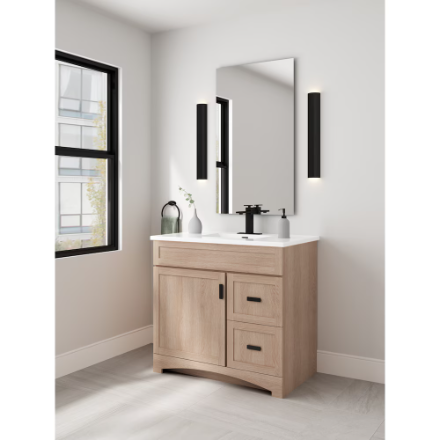 Rocara 37-inch W Light Wood Oak Bathroom Vanity Combo with White Rectangular Single Sink Centre Engineered Stone Top (New)
