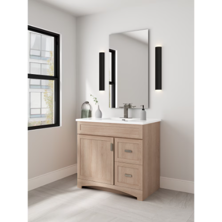 Rocara 37-inch W Light Wood Oak Bathroom Vanity Combo with White Rectangular Single Sink Centre Engineered Stone Top (New)