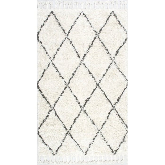 Twinar Geometric Hand Knotted Wool Off White Dark Grey Shag Area Rug - Rug Size Rectangle 3' x 5' (NEW)