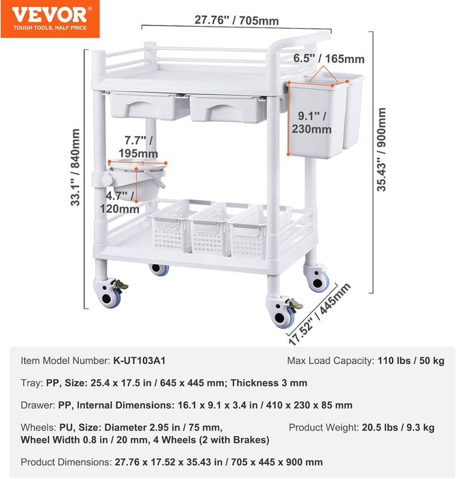 VEVOR 2 Tiers Lab Carts, Lab Utility Cart (New)