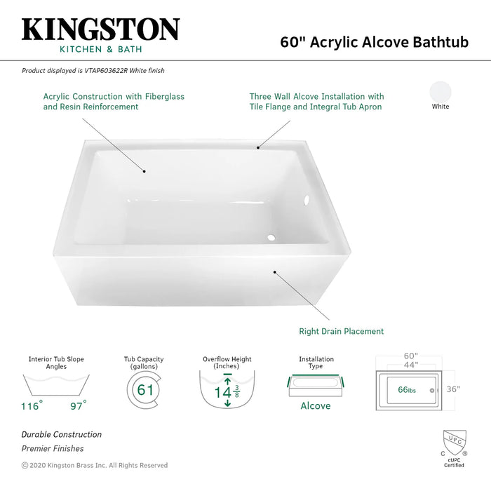 Kingston Tulare VTAP603622R - Aqua Eden 60-Inch Acrylic Rectangular 3-Wall Alcove Tub, Right Hand Drain, Glossy White (New)