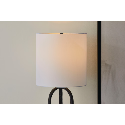 GlucksteinElements Wyatt 28-inch H Farmhouse Table Lamp with Flared Legs Black Metal Base and White Linen Fabric Shade (New)