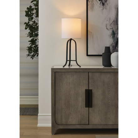 GlucksteinElements Wyatt 28-inch H Farmhouse Table Lamp with Flared Legs Black Metal Base and White Linen Fabric Shade (New)