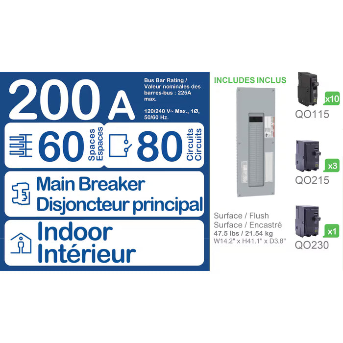 Schneider Electric Square D 200 Amp 60 Spaces 80 Circuits Maximum Qwikpak Panel Package with Breakers (Used)