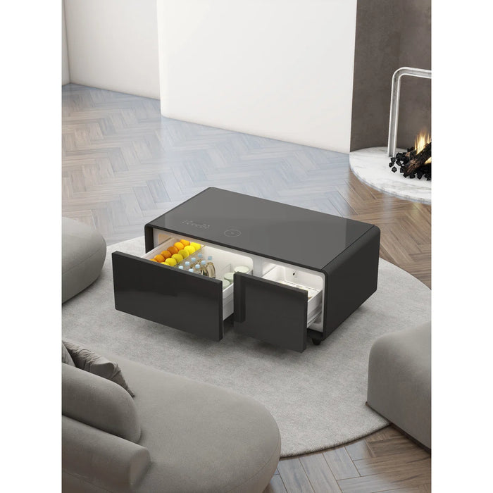 Cherubino Coffee Table with Fridge Cabinet and Bluetooth Stereo with Sockets and Ambient Lighting - Table Base Colour Black - PARTY TIME CT BLACK