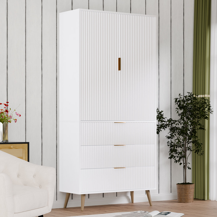 George Oliver 71" Tall Storage Cabinet, Accent Cabinet With Adjustable Shelves & Fluted Panel Design, Cupboard With 3 Drawers 2 Doors, Storage Cabinet Pantry Organizers For Living Room Black - Finish White - B-CA01081