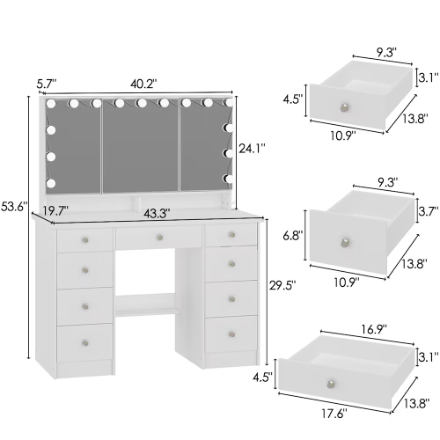 FUFU&GAGA White Makeup Vanity Desk Dressing Table With 3 Mirrors, 9 Drawers, LED Bulb Lights