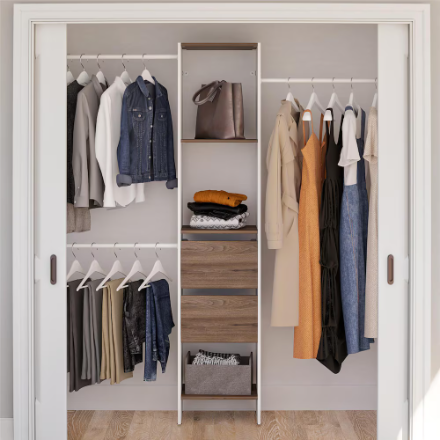 Reach-In Closet Organizer Tower Kit with Hanging Rods & 5 Shelves, White/Aged Oak. Fits Spaces 4 ft to 9 ft (Used)