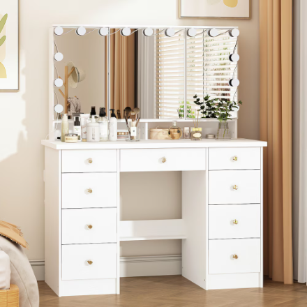 FUFU&GAGA White Makeup Vanity Desk Dressing Table With 3 Mirrors, 9 Drawers, LED Bulb Lights