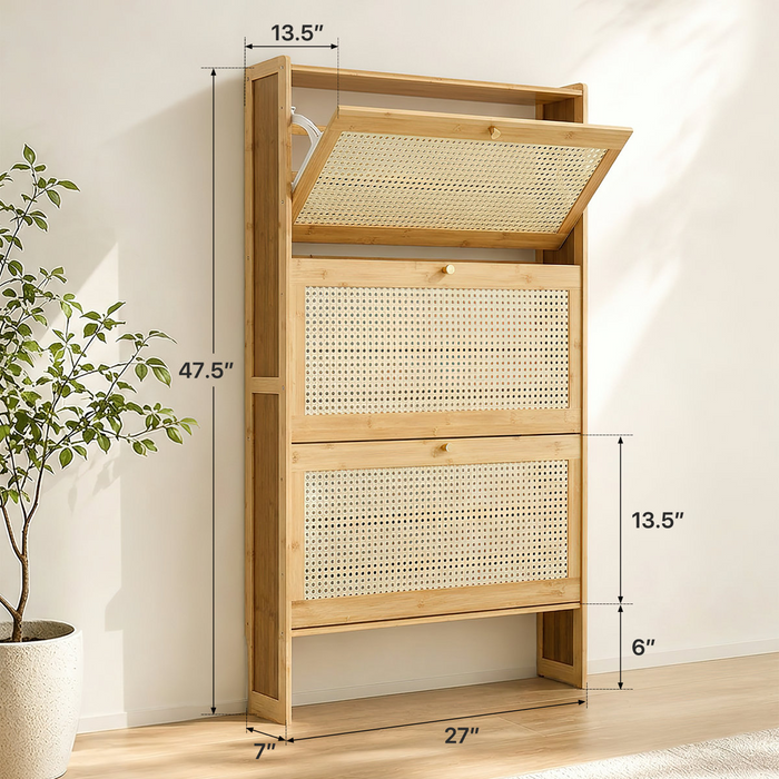 5-Tier Shoe Cabinet For Entryway, Rattan Shoes Storage Cabinet Narrow Organizer With 2 Flip Drawers - Finish Brown - TSS-001-T5-27-BR
