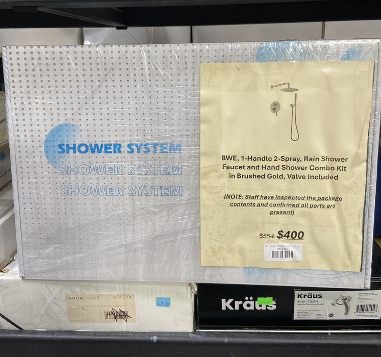 BWE 1-Handle 2-Spray Rain Shower Faucet and Hand Shower Combo Kit in Brushed Gold (Valve Included) (NEW)