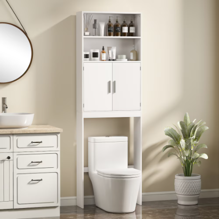 HOMCOM 77" H Over The Toilet Storage Cabinet with Adjustable Shelf in White