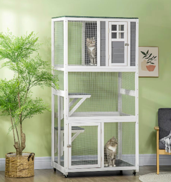 PawHut 74" Wooden Outdoor Cat House Weatherproof & Wheeled, Catio Outdoor Cat Enclosure, Kitten Cage Condo (new)