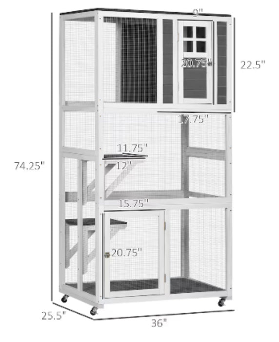 PawHut 74" Wooden Outdoor Cat House Weatherproof & Wheeled, Catio Outdoor Cat Enclosure, Kitten Cage Condo (new)