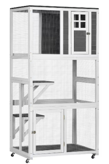 PawHut 74" Wooden Outdoor Cat House Weatherproof & Wheeled, Catio Outdoor Cat Enclosure, Kitten Cage Condo (new)