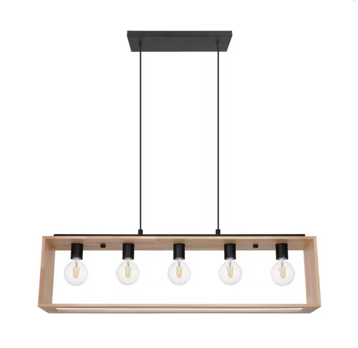 Eglo Famborough Pendant Light 5L, Black Finish with Natural Wood (new)