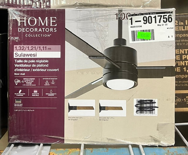 Home Decorators Collection Sulawesi Adjustable Size Indoor/Covered Outdoor Matte Black LED Ceiling Fan (new)