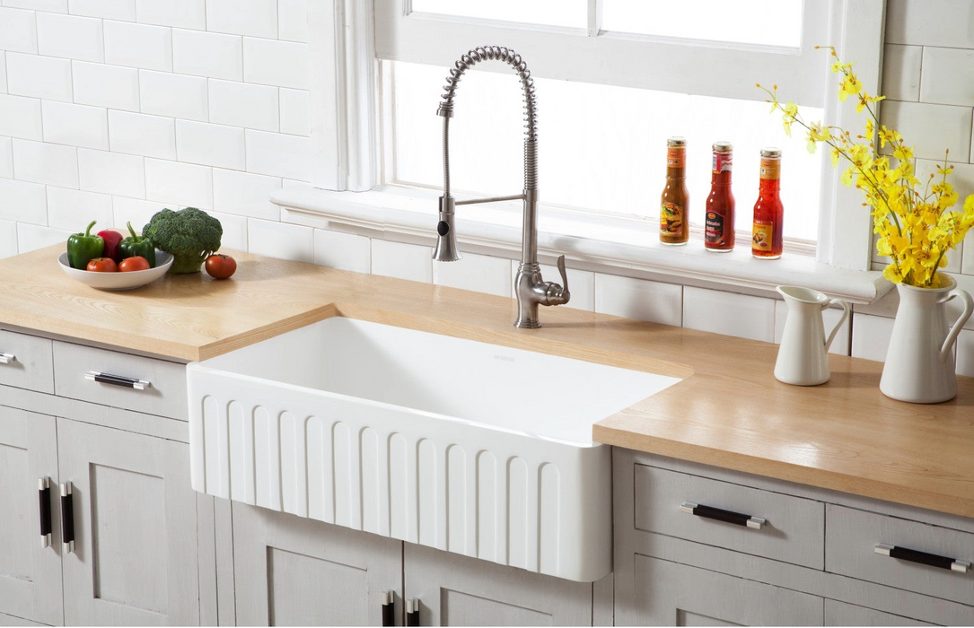 Arcticstone 36" Solid Surface White Stone Apron-Front Single Bowl Farmhouse Kitchen Sink , Matte White (New)