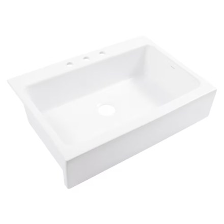 Sinkology Josephine White Fireclay 34" Single Bowl Quick-Fit Drop-In Farmhouse Kitchen Sink with 3 Holes (New)