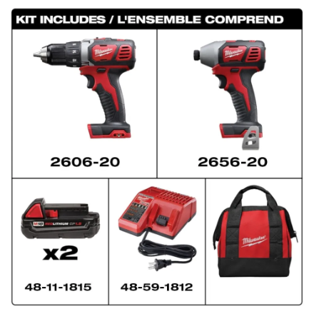 Milwaukee Tool M18 18V Cordless Drill Driver/Impact Driver Combo Kit w/ (2) 2Ah Batteries, Charger and Bag