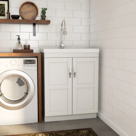 28 in. W x 22 in. D x 38 in. H All-in-One Freestanding ABS Single Bowl Laundry Sink White Shaker Style Cabinet Faucet Combo (Used)